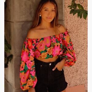 NWT Billabong Sun Daze Off The Shoulder Floral Crop Top Long Sleeve Womens L$56